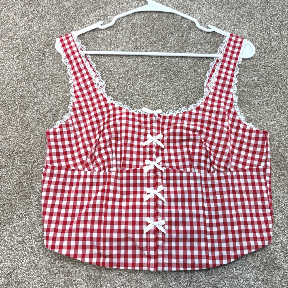 Moa Moa Womens Red Gingham Lace Trim Bow Front Smocked Crop Top L Cottagecore